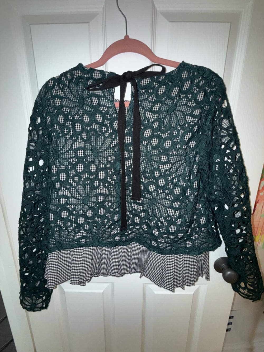 Maeve by Anthropologie Green Crochet Lace Layered Top w/ Gingham Peplum Ruffle - Picture 3 of 3